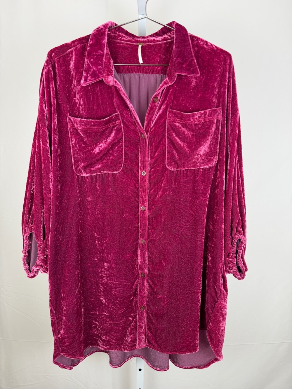 Free People Velvet Button Down Shirt S Pink Oversized Tunic Boho
